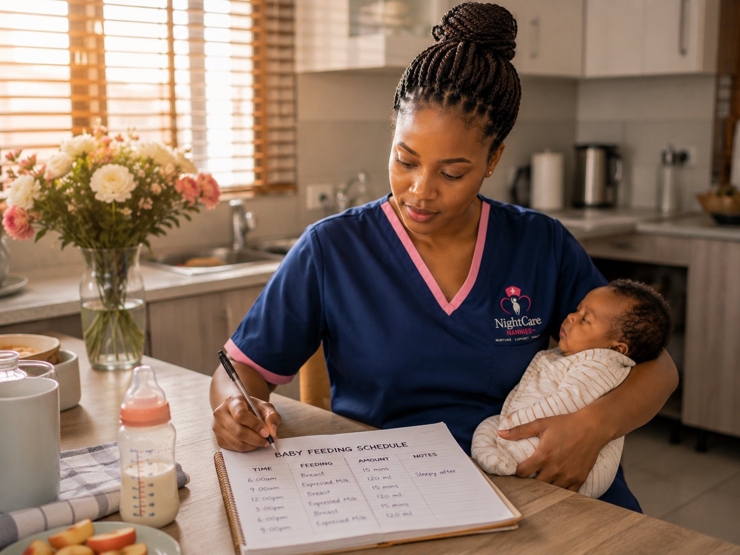 Caregiver with newborn establishing a feeding routine