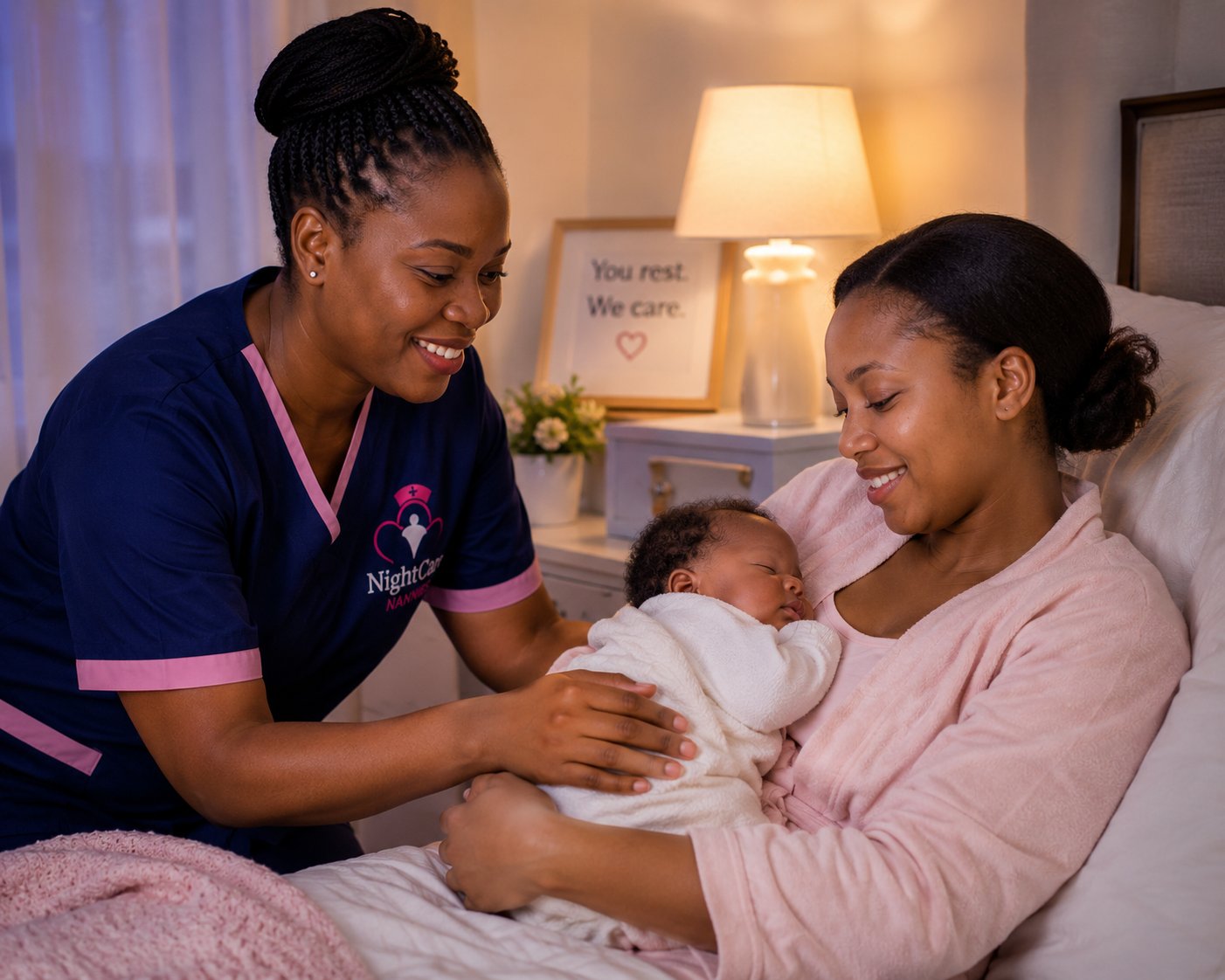 NightCare Nannies nurse settling a newborn while mother rests nearby