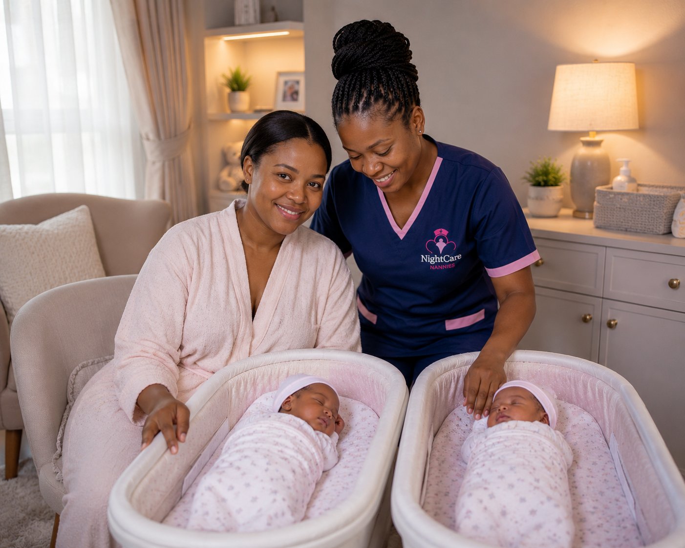 NightCare Nannies caregiver with twin babies